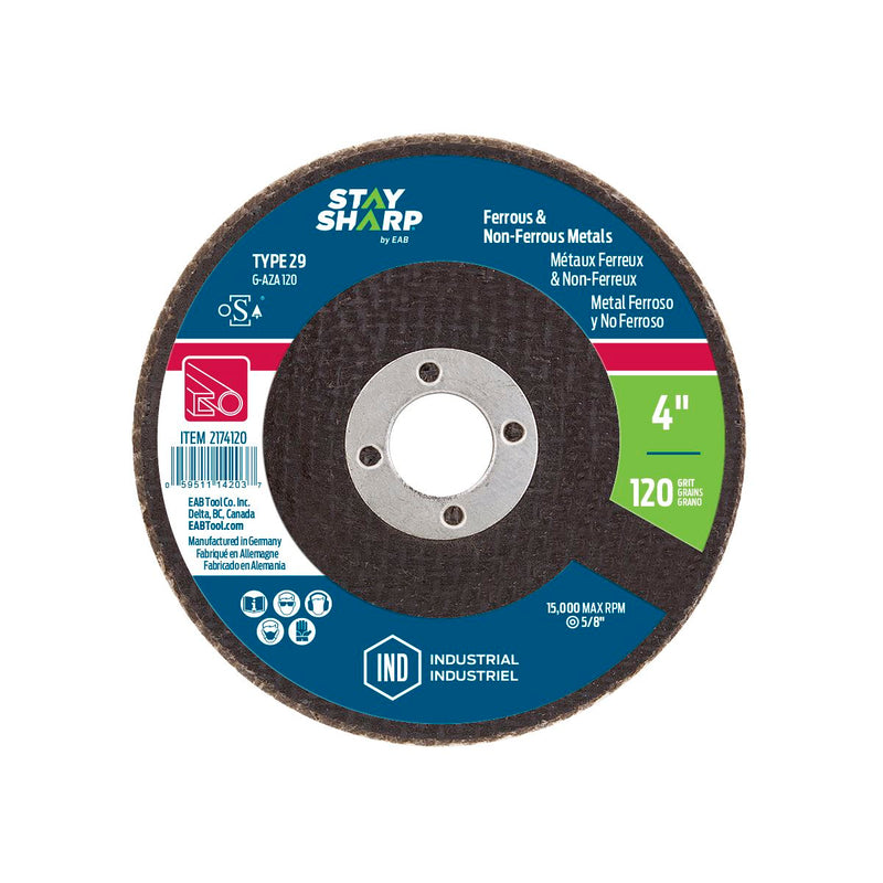 4-inch-x-120-Grit-x-5/8-inch-Wood-&-Metal-Flap-Disc-Type-29-Industrial-Abrasive-Stay-Sharp