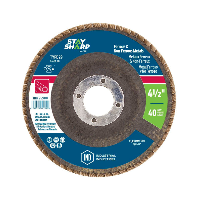 4-1/2-inch-x-40-Grit-x-7/8-inch-Wood-&-Metal-Flap-Disc-Type-29-Industrial-Abrasive-Stay-Sharp